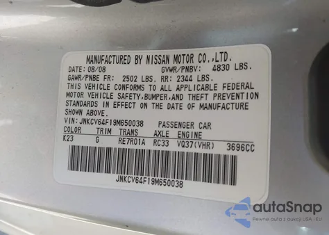 2009 Infiniti G37X from USA, damaged, VIN JNKCV64F19M650038